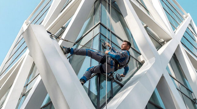 Rope access technician rappelling on modern glass skyscraper facade