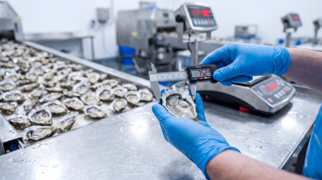 Worker measuring oyster size with digital caliper in seafood processing facility