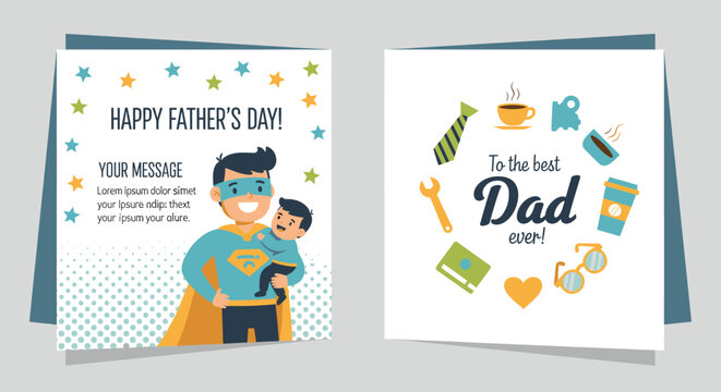 Two colorful Father's Day greeting cards, one featuring a superhero dad holding a child, the other with 'To the best Dad ever!' text surrounded by various dad-related icons.