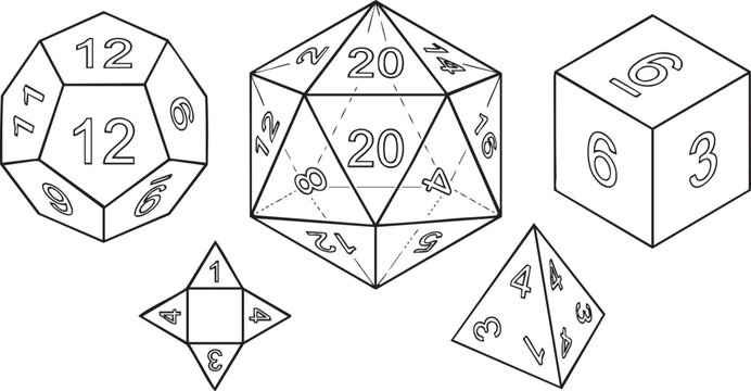 Minimalist Polyhedral Gaming Dice Silhouettes and Tabletop RPG Icon Set