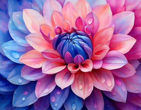 watercolor dream a close up almost abstract view of a vibrant pink and blue dahlia its petals are delicately touched by dew drops