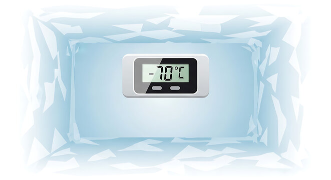 Digital thermometer displaying -70 degrees Celsius inside a frosty, icy, cold storage or freezer environment, indicating extreme low temperature monitoring