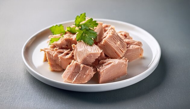 canned tuna chunks on a white plate
