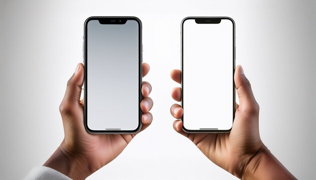 clean adult hands holding two identical sleek modern smartphones one portrait one landscape with blank white screens and dynamic island notches on a pristine transparent studio background with