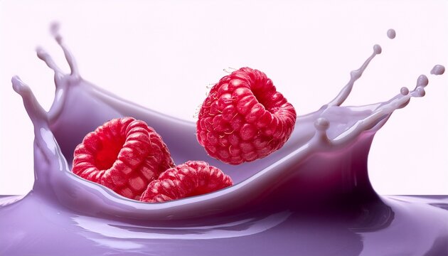 hyper sharp photorealistic macro shot of glistening crimson raspberries hitting pastel purple yogurt forming a dramatic high speed coronal splash on a white seamless background concept for