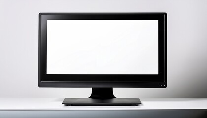 Fototapeta premium a sleek black modern computer monitor on a stand with a blank reflective screen positioned off center against a white background extensive negative space digital canvas concept