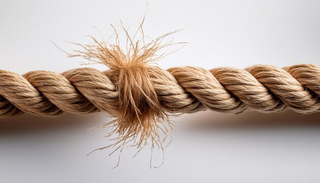 thick light brown natural fiber rope under extreme tension frayed strands one taut thread maintaining connection in a pristine studio with white background concept of resilience under pressure