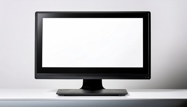 a sleek black modern computer monitor on a stand with a blank reflective screen positioned off center against a white background extensive negative space digital canvas concept