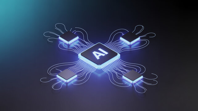A central AI chip glows brightly, connected by luminous, curved circuits to four smaller square chips, symbolizing advanced AI network or processing capabilities.