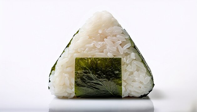 a perfectly symmetrical triangular japanese onigiri crafted from transparent short grain rice with a dark green nori strip isolated against a stark white studio background concept of japanese