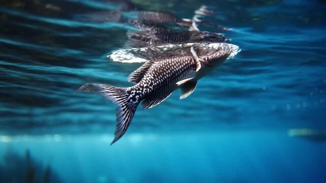 A graceful fish swimming in the ocean, a symbol of freedom. This captivating image captures a majestic whale gracefully gliding through the deep blue ocean, an inspiring moment.
