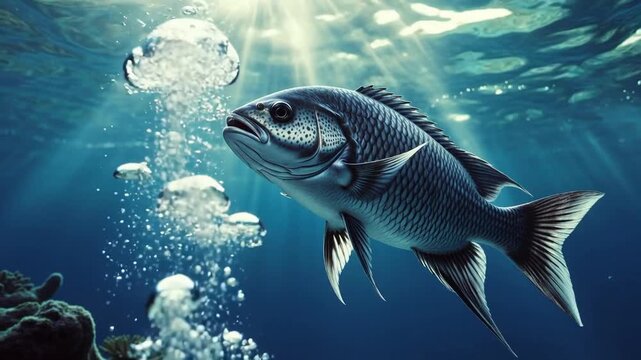 An underwater scene depicts a realistic fish swimming gracefully amidst bubbles and shafts of light. This scene showcases the beauty of the aquatic world, where the fish glides serenely.