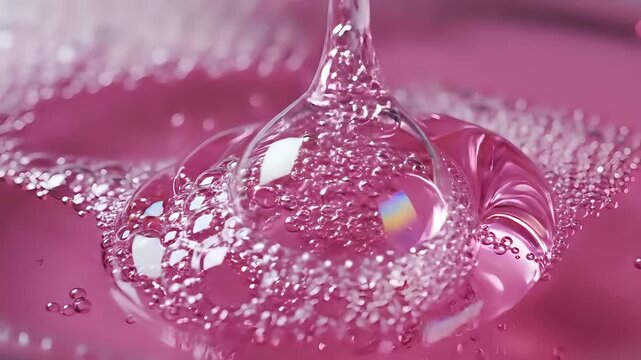 Closeup of pink liquid pouring and creating bubbles in slow motion.