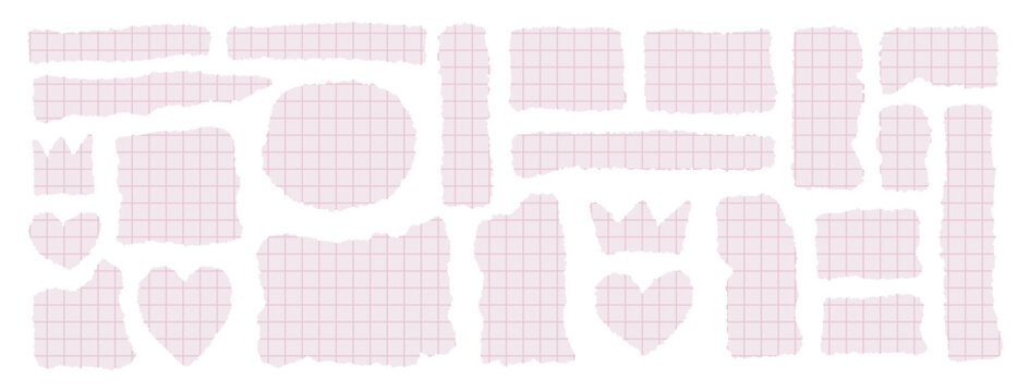 Torn pink notebook paper pieces with soft grid texture, rough ripped edges and realistic shadows. Cute pastel stationery scraps set, collage elements isolated on white, perfect for scrapbooking