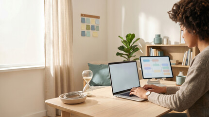 Fototapeta premium Remote Work at Home Office with Laptop and Tablet, Cozy Workspace and Copy Space.