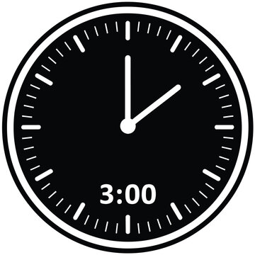 Black silhouette clock face showing 3:00 with minute and hour hands o clock silhouette illustration