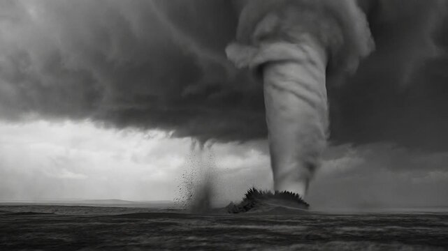 A powerful black and white tornado forming over an open field, creating a sense of awe and the raw power of nature.