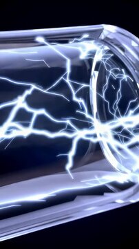 This captures a mesmerizing display of bright blue lightning inside a glass tube set against a dark background. The electric discharge creates a vibrant and dynamic visual effect, showcasing the power