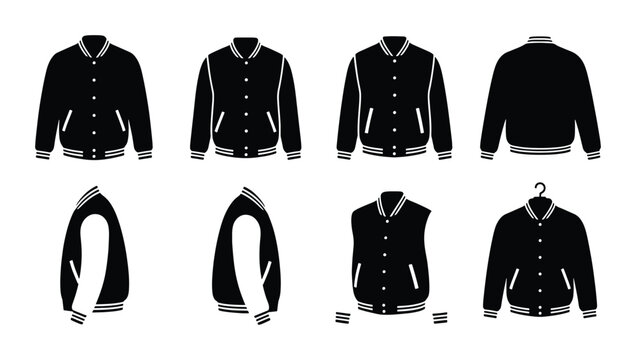 Black Varsity Jacket Vector Icons Set, Baseball Bomber Apparel Mockup Collection, Sportswear Fashion Template Elements