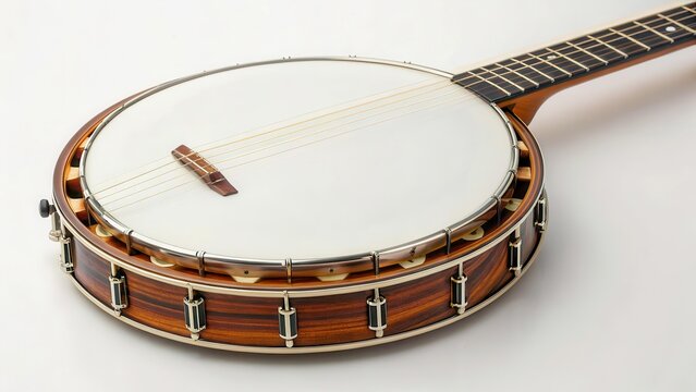 A close-up of a wooden banjo with a white drumhead and intricate detailing on the body. The strings are visible, showcasing craftsmanship and design.