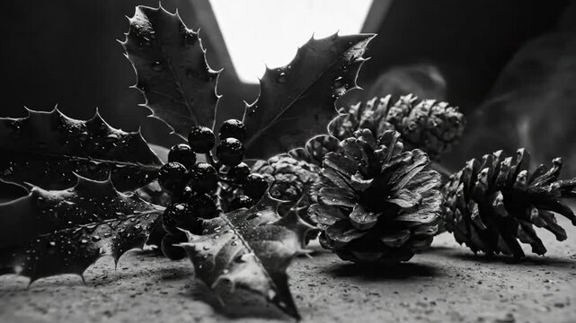 Black and White Close Up of Holly with Berries and Pinecones on Textured Surface with Smoke