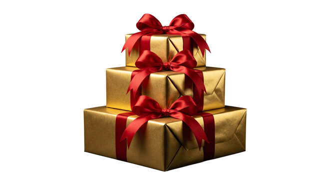 Pyramid stack of three luxury gold wrapped gift boxes with elegant red satin ribbons and bows celebration christmas birthday anniversary surprise wrapping greeting decoration metallic
