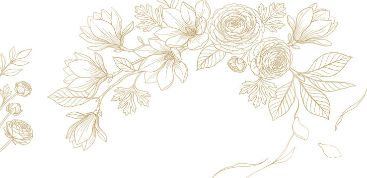 Golden floral ornament with delicate Magnolia and rose blooms, perfect for elegant design elements and borders