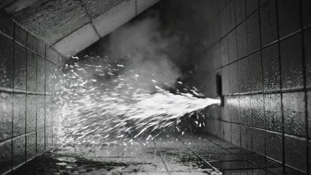 Dramatic shot of water and steam blasting through a dark tiled tunnel, creating a mysterious and intense atmosphere