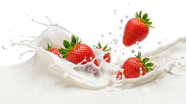 Fresh ripe red strawberries splashing into white milk or cream against a bright background with splash effect strawberries delicious movement background refreshing beverage breakfast smoothie