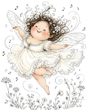 A joyful little fairy with delicate wings dances amidst musical notes and wild flowers.