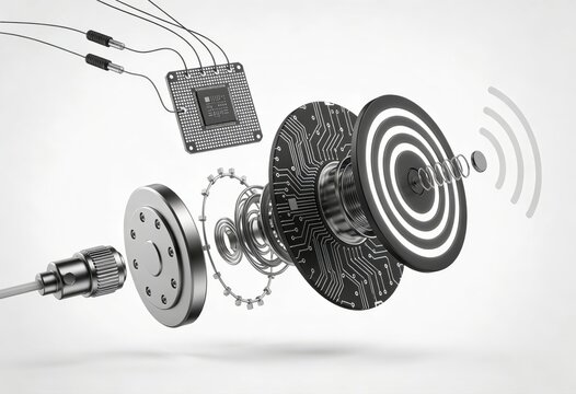 Disassembled electronic components showcasing circuit board technology and electromagnetic induction highlighting innovation in wireless charging systems