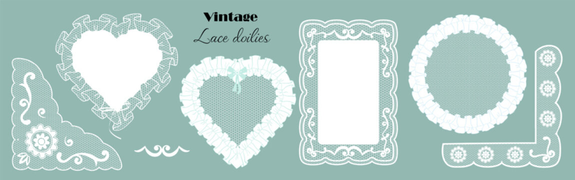  Set of Lace Frames in vintage grandma style. Whimsical lace doilies in crochet style with tulle frills, floral borders in the shape of hearts and others. Wedding, invitations, greeting cards.