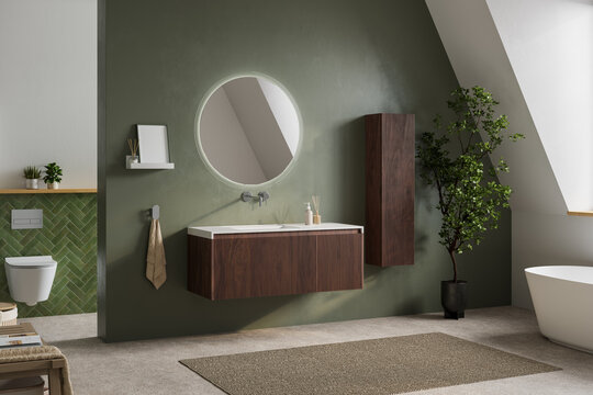 Modern bathroom interior with olive green wall, round mirror, floating wood vanity, freestanding bathtub, and soft natural light. 3d render