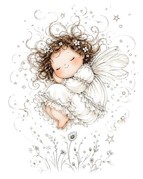 A whimsical vintage illustration of a tiny sleeping angel floating among stars and flowers.