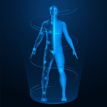 Transformation of a person into a digital entity. One half of the human body, the other is built of lines and dots. The concept reflects artificial intelligence and the future of bionic systems.