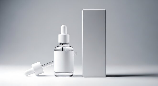 Blank cosmetic dropper bottle and white product packaging box mockup for skin care or essential oil branding