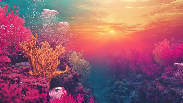 A vibrant underwater world teeming with life, where coral reefs form a kaleidoscopic wonderland beneath the ocean surface. A breathtaking composition with a gradient of warm and cool color palette.