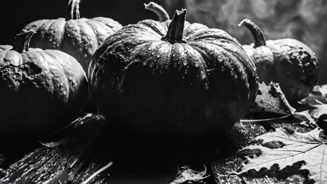 Black and white close up of water droplets on pumpkins resting with fall leaves on a dark wooden surface with wispy smoke background