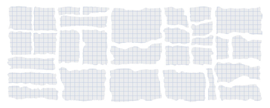Set of torn grid paper pieces with rough edges, blue square pattern, isolated on white background. Hand ripped notebook scraps, collage elements, realistic texture, stationery design resource pack set