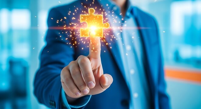 Business executive pointing to glowing puzzle piece conceptualizing problem solving and business strategy development