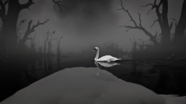 Lone swan gracefully floats through dark waters with ominous trees in the background, a haunting black and white scene.