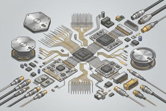 Intricate electronic components with circuitry layout showcasing advanced technology integration and connection pathways for modern computational systems