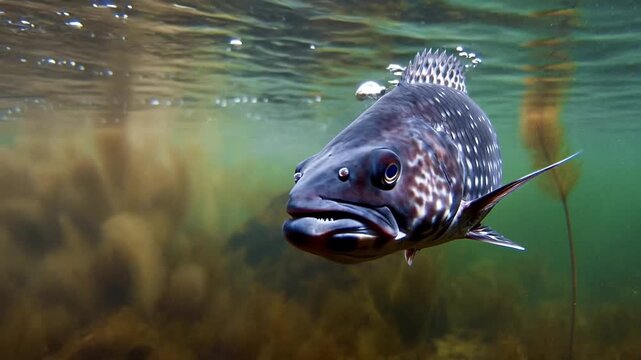 A mesmerizing underwater portrait showcases a fish with detailed scales, graceful fins, and focused expression swimming in its aquatic habitat. Capturing aquatic life.