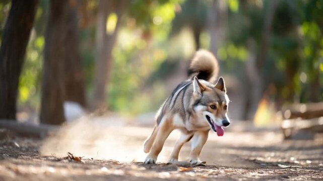 A dynamic husky dog sprints with exuberance along a forest path. The image captures the dog's movement, conveying energy and freedom.