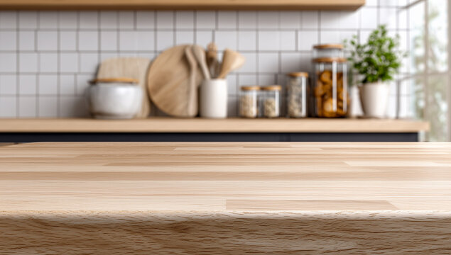 Empty wooden table top with blurred modern kitchen background. Perspective wood surface for product display montage, light interior with kitchenware and tiles, mockup space