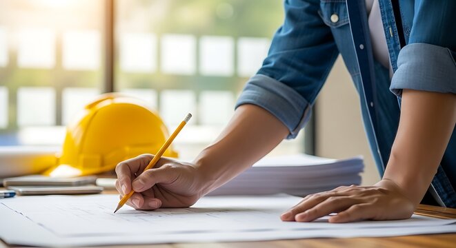 Architect or engineer hands drawing construction plan on blueprint with yellow hard hat on table architect engineer