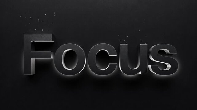An illuminated black Focus text with a metallic effect, set against a dark backdrop, creating an atmosphere of precision and attention.