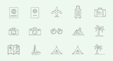 Fototapeta premium Travel and Tourism Outline Icons Set, Vacation Adventure Line Symbols on Isolated White Background