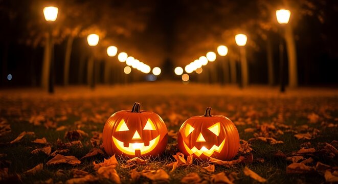 Glowing jack o lanterns sitting on park ground covered in autumn leaves under vintage street lights