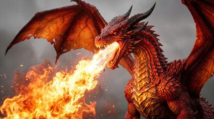 Obraz premium A fierce red dragon with jagged scales exhales a massive stream of fire. Its tattered wings are spread against a smoky, gray background, showcasing a powerful and aggressive fantasy scene.